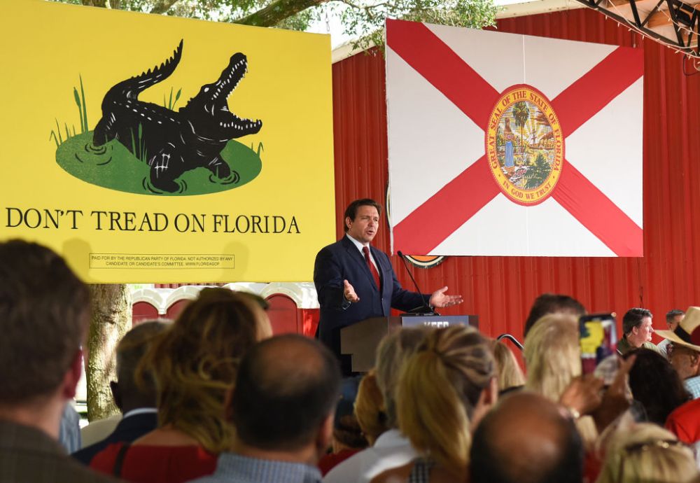Florida Gov. Ron DeSantis speaks to supporters at a campaign