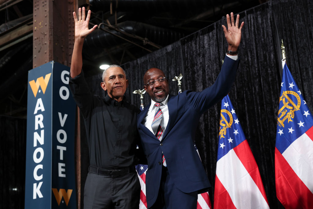 Former U.S. President Barack Obama campaigns with Sen. Raphael Warnock.  (Photo by Win McNamee/Getty Images.)