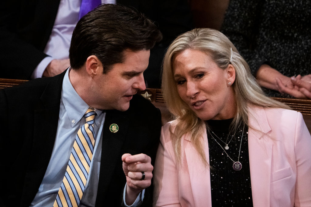 Republican Reps. Matt Gaetz and Marjorie Taylor Greene on the House floor Thursday, January 5, 2023. (Tom Williams/CQ-Roll Call/Getty Images.)