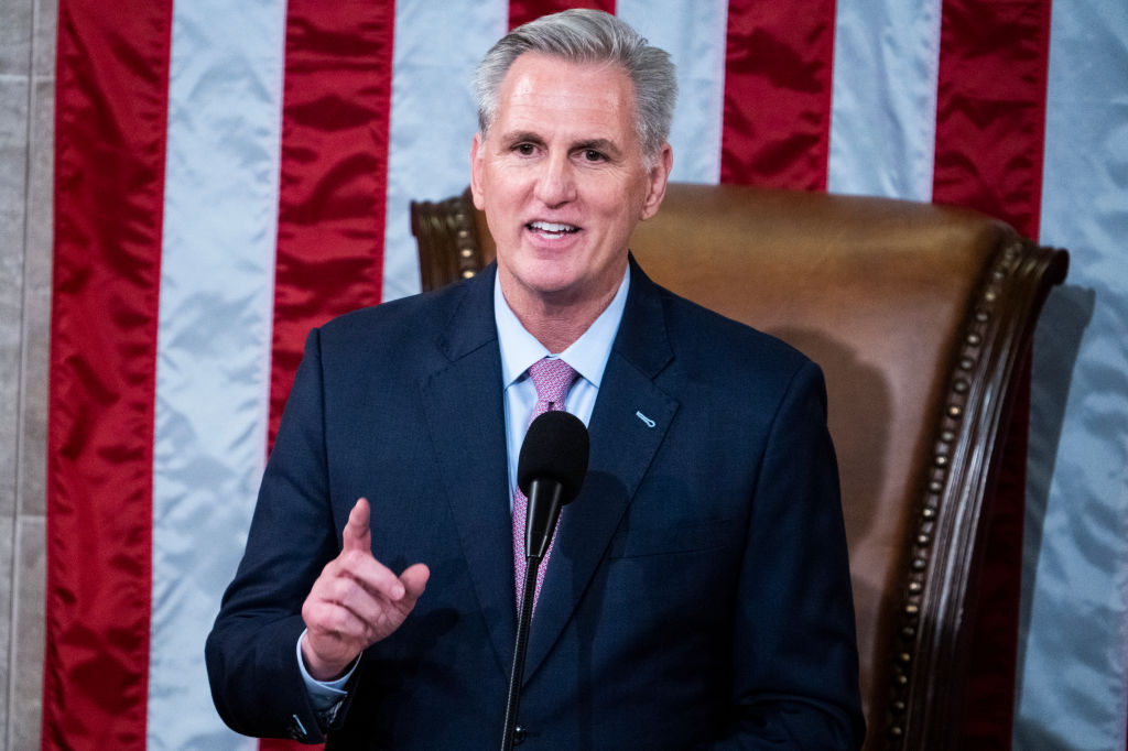 Kevin McCarthy addresses the 118th Congress after winning the speakership. (Tom Williams/CQ-Roll Call/Getty Images.)