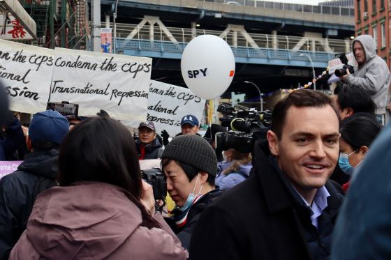 Rep. Mike Gallagher speaks with protesters. (Photo by Haley Byrd Wilt)