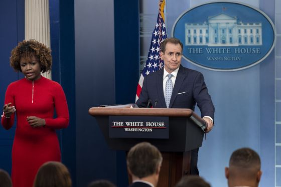 The National Security Council’s John Kirby speaks at a White House press briefing following the U.S. downing of a number of unidentified aerial phenomena. (Photo by Nathan Posner/Anadolu Agency/Getty Images)