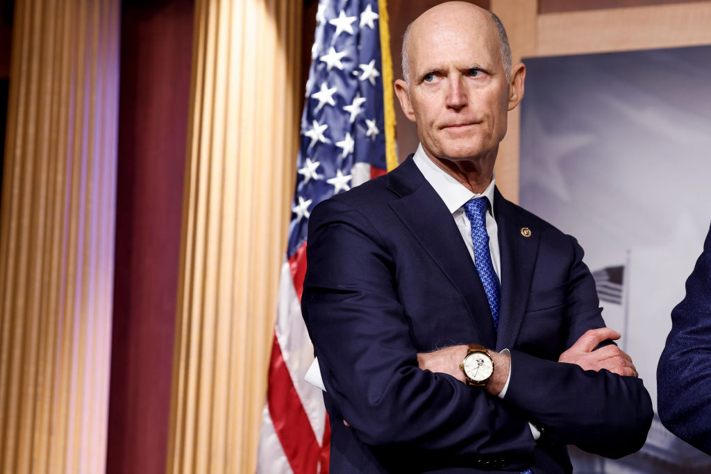 Sen. Rick Scott listens during a news conference at the Capitol on January 25, 2023, in Washington, D.C. (Photo by Anna Moneymaker/Getty Images)