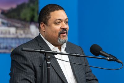 Manhattan District Attorney Alvin Bragg attends Reverend Al