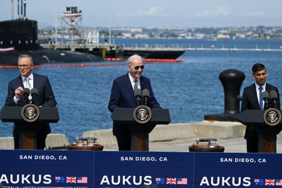 Australian Prime Minister Anthony Albanese, U.S. President Joe Biden, and U.K. Prime Minister Rishi Sunak in San Diego on March 13, 2023. (Photo by Tayfun Coskun/Anadolu Agency via Getty Images)