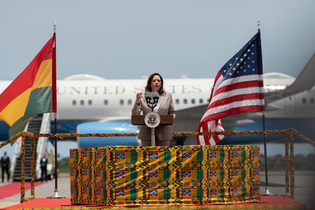 Vice President Kamala Harris delivers a speech at the Kotoka International Airport on March 26, 2023. (Photo by Ernest Ankomah/Getty Images)