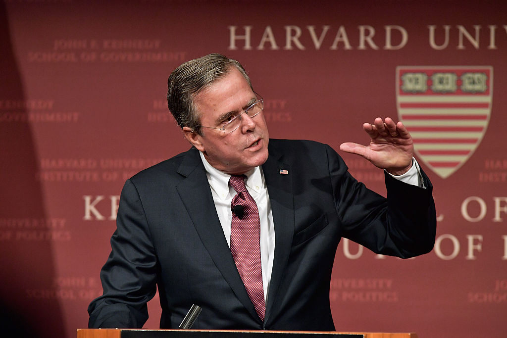 Jeb Bush speaks at Harvard University in 2016.  (Photo by Paul Marotta/Getty Images)
