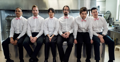 (Tyrel Jackson Williams, Ryan Hansen, Zoë Chao, Martin Starr, Adam Scott, and Ken Marino in 'Party ...