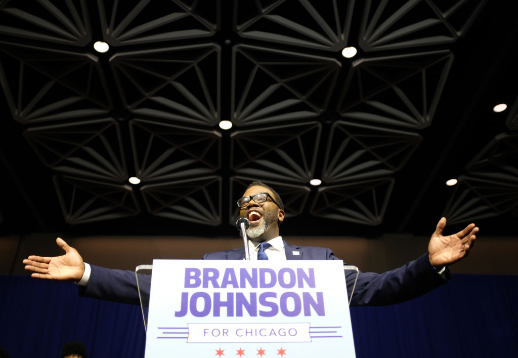Brandon Johnson speaks after being projected winner as mayor Tuesday in Chicago.  (Photo by Alex Wroblewski/Getty Images)