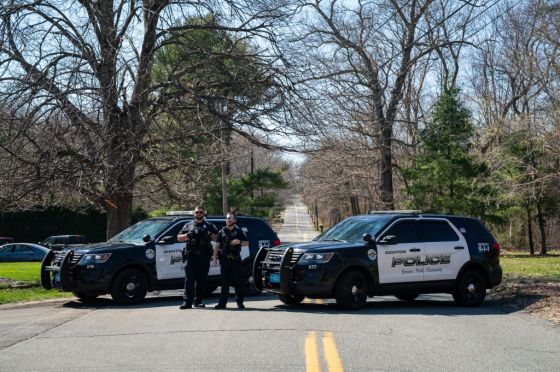 Dighton police cars block Maple Street in North Dighton, Mass., half a mile from the house where Airman Jack Teixeira was arrested for sharing classified documents. (Photo by Kylie Cooper for The Washington Post via Getty Images)