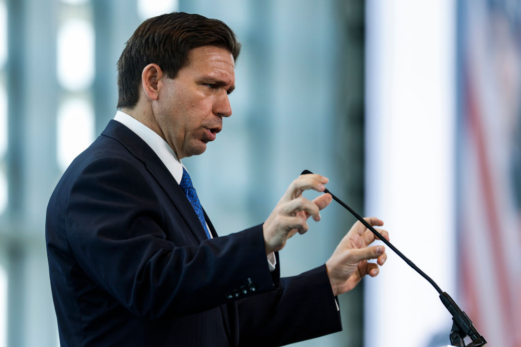 Florida Gov. Ron DeSantis gives remarks at the Heritage Foundation's 50th Anniversary Leadership Summit on April 21, 2023, in National Harbor, Maryland. (Photo by Anna Moneymaker/Getty Images)