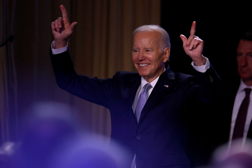President Joe Biden acknowledges his supporters after addressing the North America's Building Trades Unions legislative conference at the Washington Hilton on April 25, 2023 in Washington, DC. (Photo by Chip Somodevilla/Getty Images)