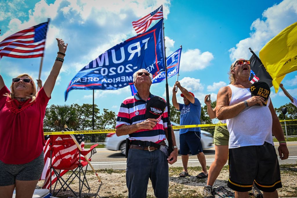 Supporters of former President Donald Trump gather near Mar-a-Lago in Palm Beach, Florida, on April 2, 2023. (Photo by Giorgio Viera/AFP/Getty Images)