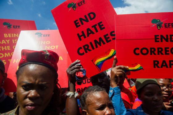 Activists picket against Uganda's anti-homosexuality bill at the Uganda High Commission in Pretoria, South Africa. (Photo by Alet Pretorius/Gallo Images via Getty Images)