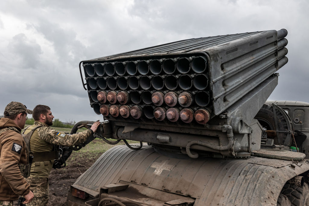 DONETSK OBLAST, UKRAINE - APRIL 28: Ukrainian soldiers enter coordinates to fire GRAD missiles from a BM-21 in the direction of Bakhmut. (Photo by Diego Herrera Carcedo/Anadolu Agency via Getty Images)