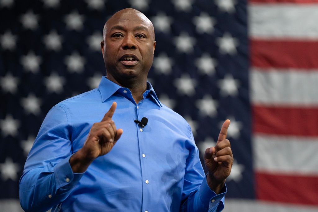 Sen. Tim Scott announces his run for the 2024 Republican presidential nomination on May 22, 2023 in North Charleston, South Carolina. (Photo by Allison Joyce/Getty Images)