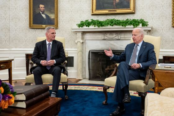 President Joe Biden meets with House Speaker Kevin McCarthy (R-CA) in the Oval Office of the White House. (Photo by Drew Angerer/Getty Images)