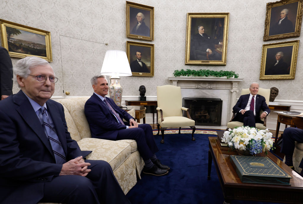 Senate Minority Leader Mitch McConnell, House Speaker Kevin McCarthy, and President Joe Biden meet with other lawmakers in the Oval Office of the White House on May 9, 2023. (Photo by Anna Moneymaker/Getty Images)