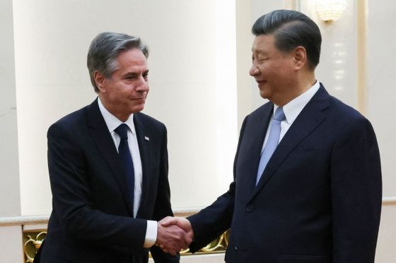 Secretary of State Antony Blinken shakes hands with Chinese President Xi Jinping at the Great Hall of the People in Beijing on June 19, 2023. (Photo by LEAH MILLIS/POOL/AFP via Getty Images)