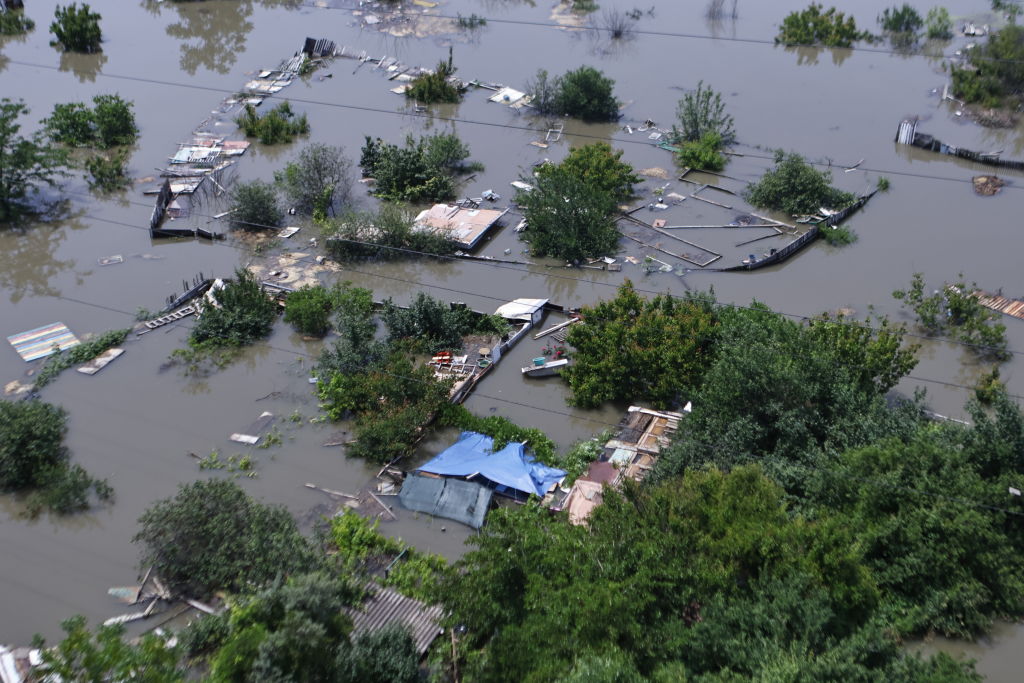 A view from the roof of residential building on flooded area of Kherson on June 7. (Photo by Yan Dobronosov/Global Images Ukraine via Getty Images)