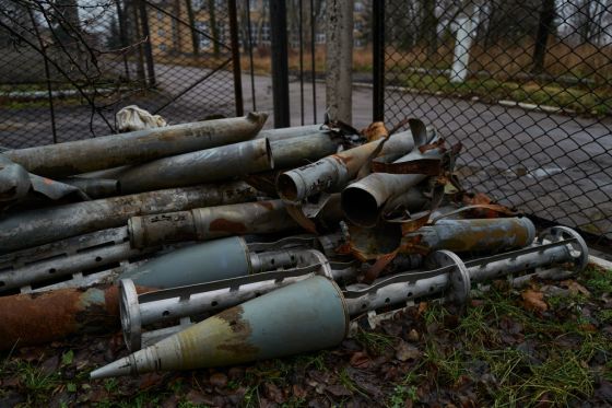 The remains of artillery shells and missiles, including cluster munitions, are stored in Toretsk, Ukraine. (Photo by Pierre Crom/Getty Images)