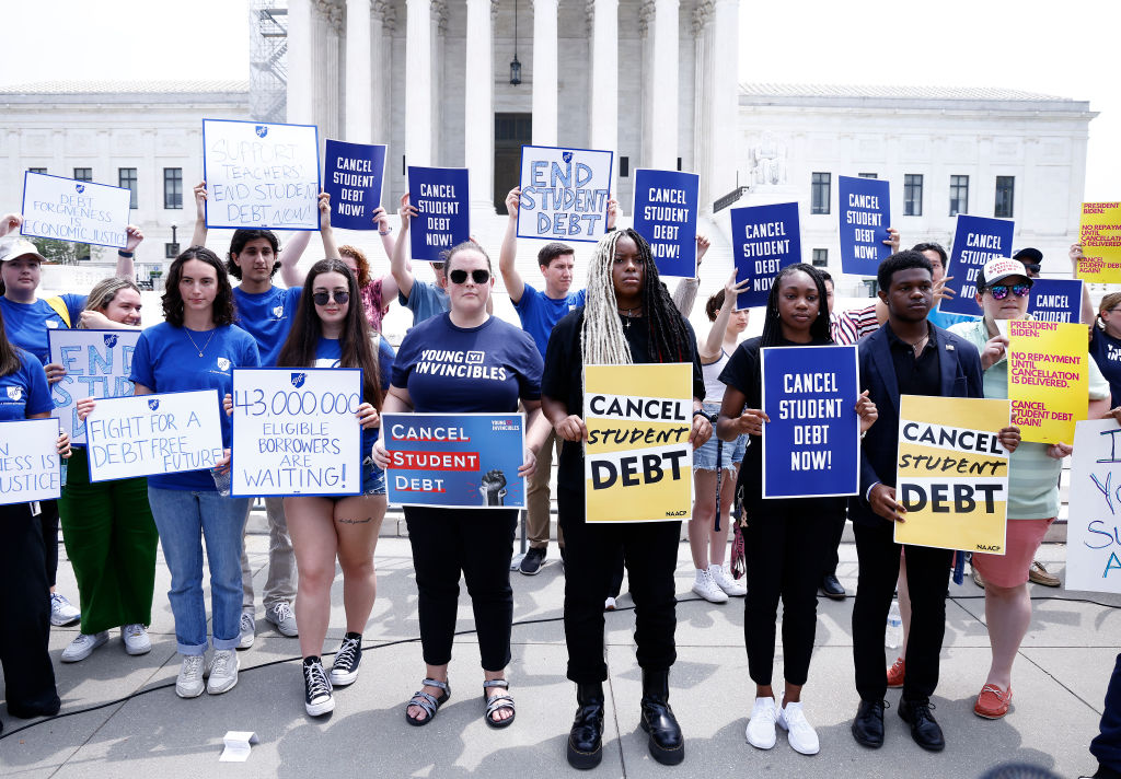 Student loan borrowers demand President Biden cancel student debt at a rally outside of the Supreme Court on June 30, 2023. (Photo by Paul Morigi/Getty Images for We The 45 Million)