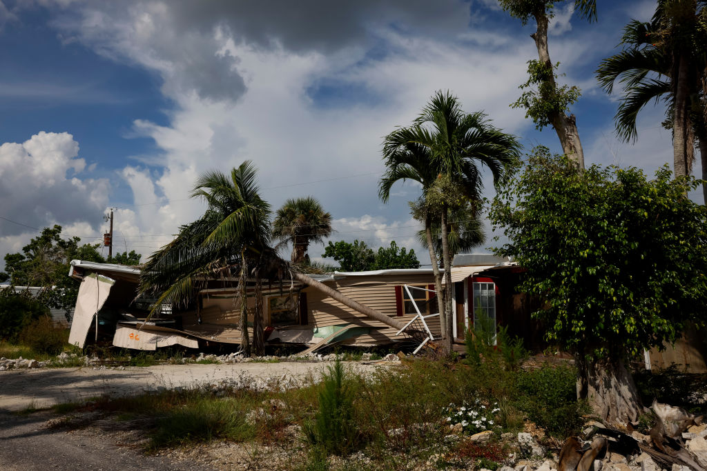 Rubble of a house after hurricane Ian at a trailer park on July 13, 2023 in San Carlos Island, Florida. (Photo by Eva Marie Uzcategui for The Washington Post via Getty Images)