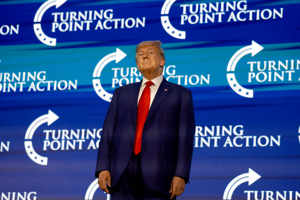 Former President Trump Addresses The Turning Points Action Conference In West Palm Beach, California
