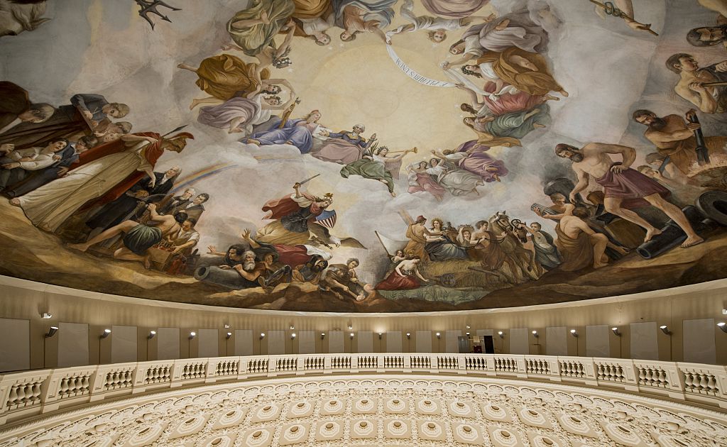 The Apotheosis of Washington, a fresco painted at the top of the newly-restored Capitol Dome, on November 15, 2016. (SAUL LOEB/AFP via Getty Images)