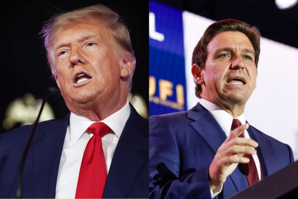 (Photo of Donald Trump by Mario Tama/Getty Images. Photo of Ron DeSantis by Anna Moneymaker/Getty Im...