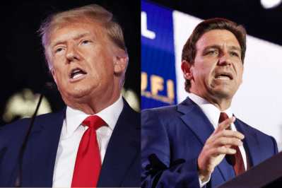 (Photo of Donald Trump by Mario Tama/Getty Images. Photo of Ron DeSantis by Anna Moneymaker/Getty Im...