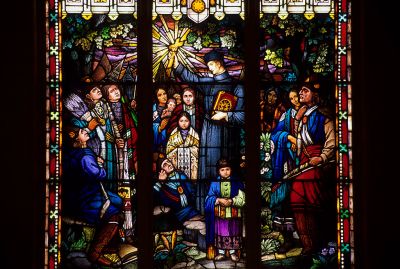 Interior view of a stained glass window of the Catholic