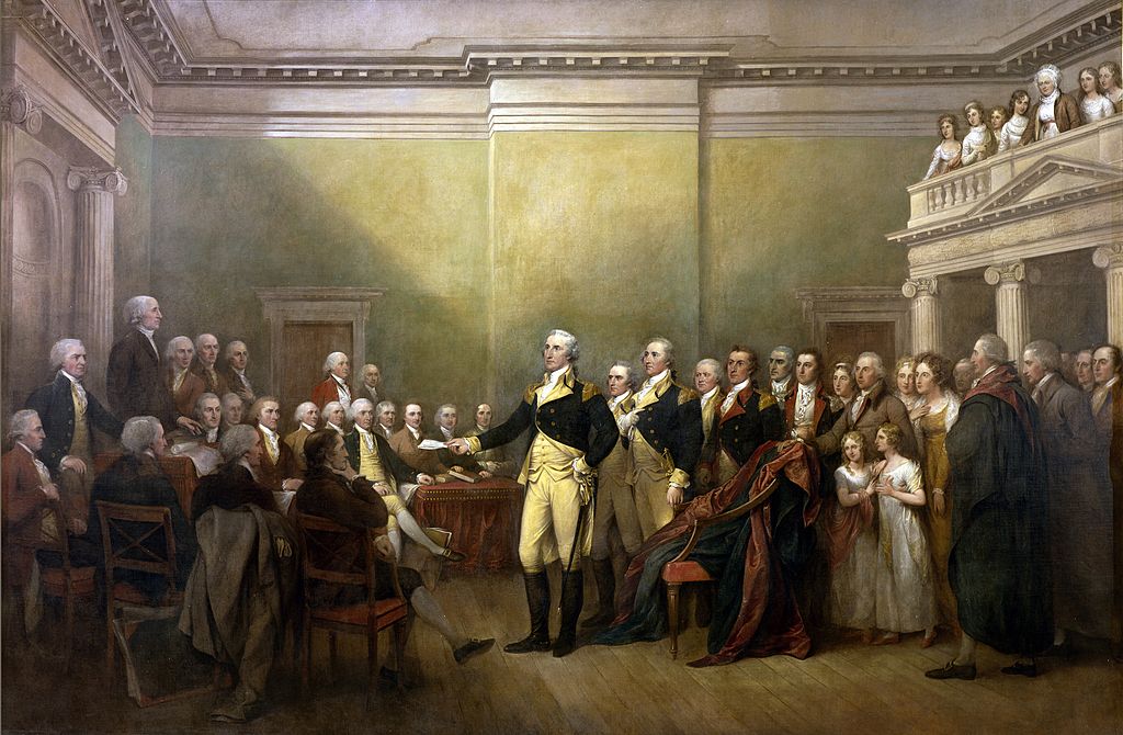 General George Washington Resigning his Commission’: On 23 December 1793 he resigned his commission to Congress meeting in Annapolis, an act which led to a civilian rule and a republic rather than a dictatorship. Painting by John Trumbull, c1824.
