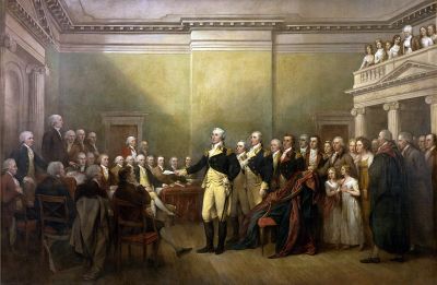 General George Washington Resigning his Commission’: On 23 December 1793 he resigned his commission to Congress meeting in Annapolis, an act which led to a civilian rule and a republic rather than a dictatorship. Painting by John Trumbull, c1824.