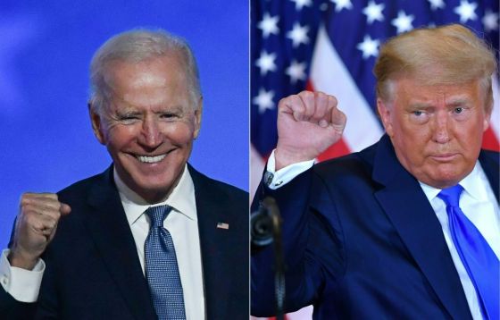 Joe Biden (left) in Wilmington, Delaware, and Donald Trump (right) in Washington, D.C.,  (Photos by Angela Weiss and Mandel Ngan/AFP/Getty Images)