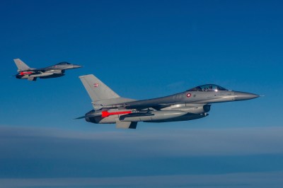 Danish Air Force F-16AM jet with live missiles during an Air Policing mission.