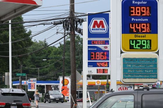 Gas station signboards display prices in Bethesda, Maryland, on August 6, 2023. The American Automobile Association's average price for a gallon of regular gasoline is $3.829, up from $3.331 on January 2. (Photo by Mandel Ngan/ AFP/Getty Images)