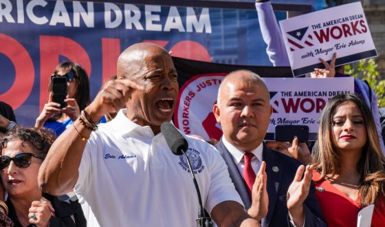 New York City Mayor Eric Adams hosts a rally Thursday to call for expedited work authorization for asylum seekers in New York. (Photo by Selcuk Acar/Anadolu Agency via Getty Images)