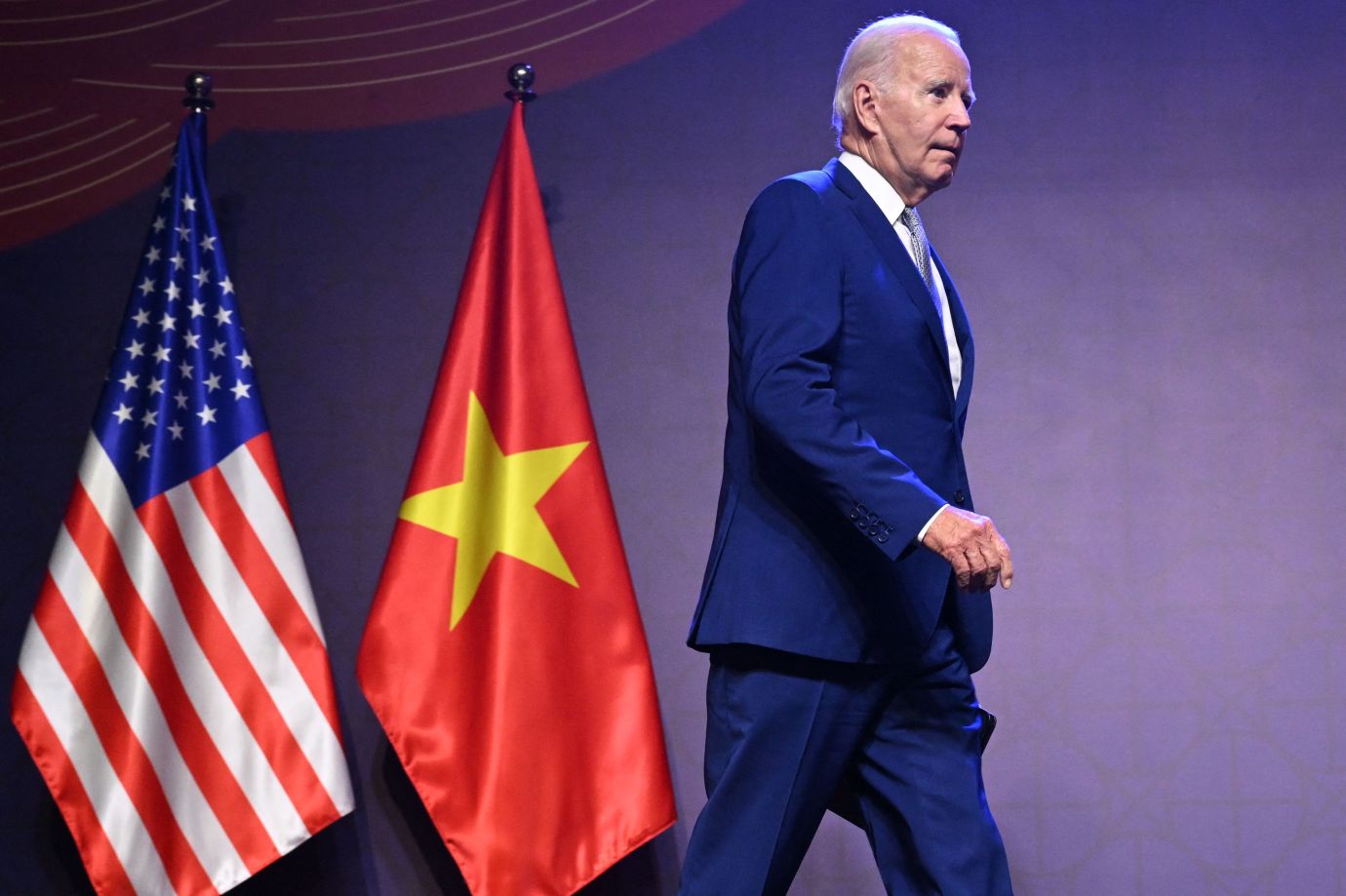 President Joe Biden arrives to hold a press conference in Hanoi on September 10, 2023, on the first day of a visit in Vietnam. (Photo by SAUL LOEB/AFP via Getty Images)