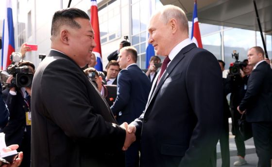 Russian President Vladimir Putin shakes hand with North Korean leader Kim Jong-Un on September 13, 2023. (Photo by Kremlin Press Office / Handout/Anadolu Agency via Getty Images)