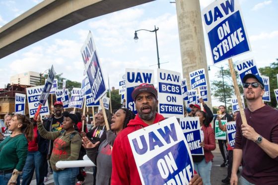 The first day of the UAW strike in Detroit, Michigan, on September 15, 2023. (Photo by MATTHEW HATCHER/AFP via Getty Images)