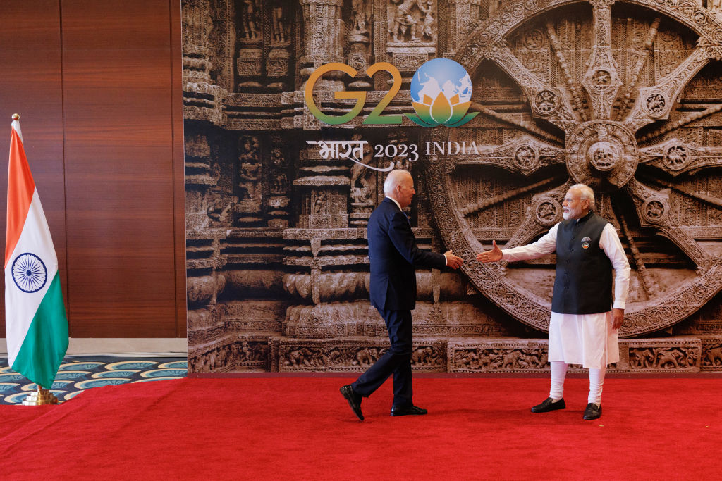 Prime Minister Narendra Modi of India welcomes President Joe Biden to the G20 Leaders' Summit on September 9, 2023 in New Delhi. (Photo by Dan Kitwood/Getty Images)