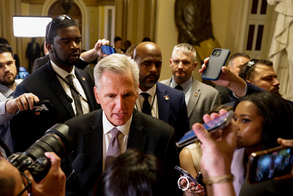 House Speaker Kevin McCarthy (R-CA) speaks to reporters after leaving the House Chambers. (Photo by Anna Moneymaker/Getty Images)