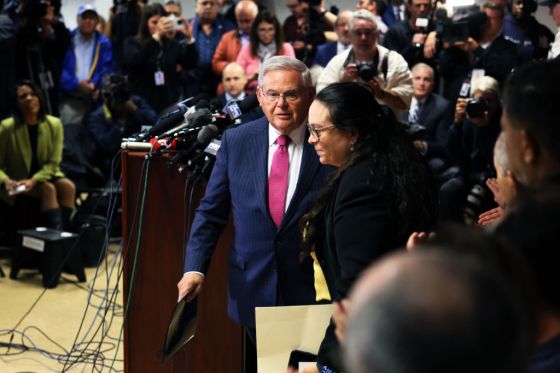 Sen. Bob Menendez after addressing his indictment in a press conference on September 25, 2023, in Union City, New Jersey. (Photo by Michael M. Santiago/Getty Images)