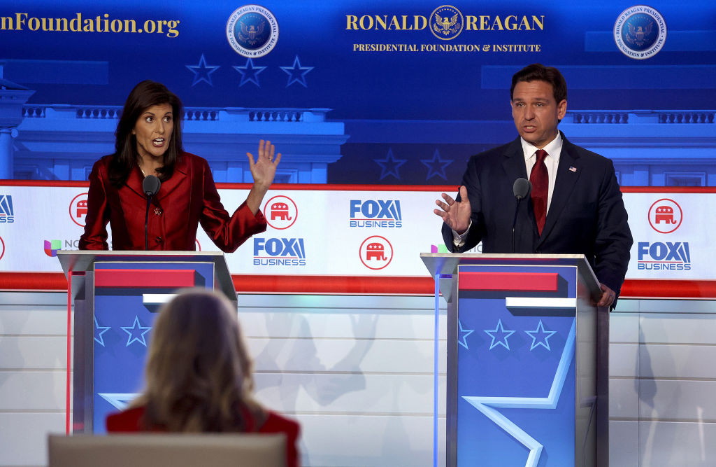 Republican presidential candidates former U.N. Ambassador Nikki Haley and Florida Gov. Ron DeSantis participate in the FOX Business Republican Primary Debate. (Photo by Justin Sullivan/Getty Images)