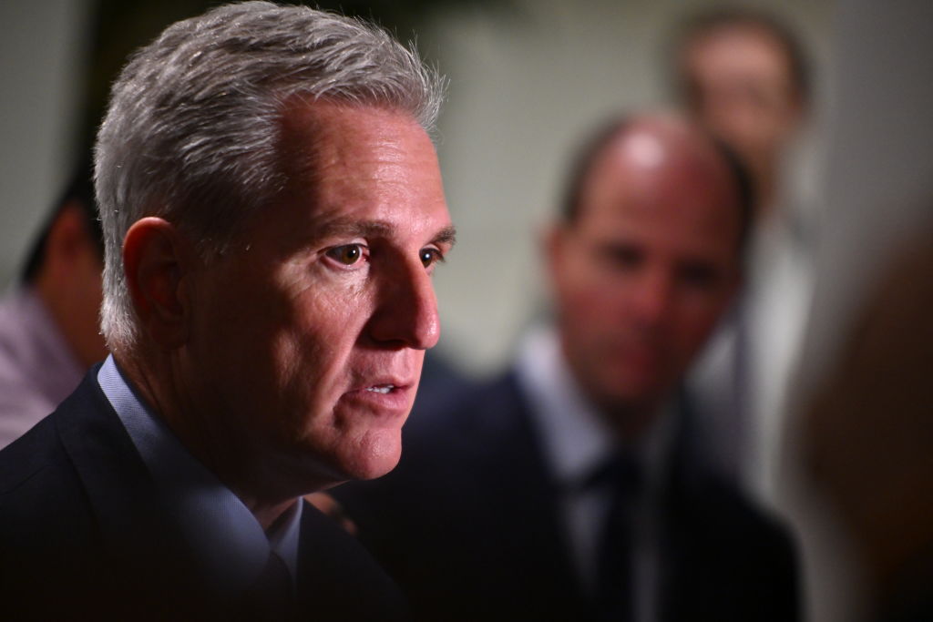 Kevin McCarthy talks to reporters following a House Republican Conference meeting at the U.S. Capitol on October 3, 2023 in Washington, D.C. (Photo by Ricky Carioti/The Washington Post via Getty Images)