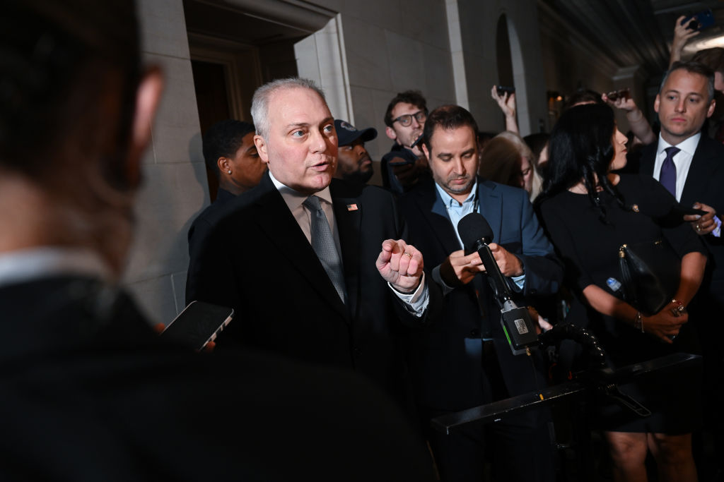 Steve Scalise speaks before House Republicans met at the Longworth House Office Building on Wednesday October 11, 2023. (Photo by Matt McClain/The Washington Post via Getty Images)