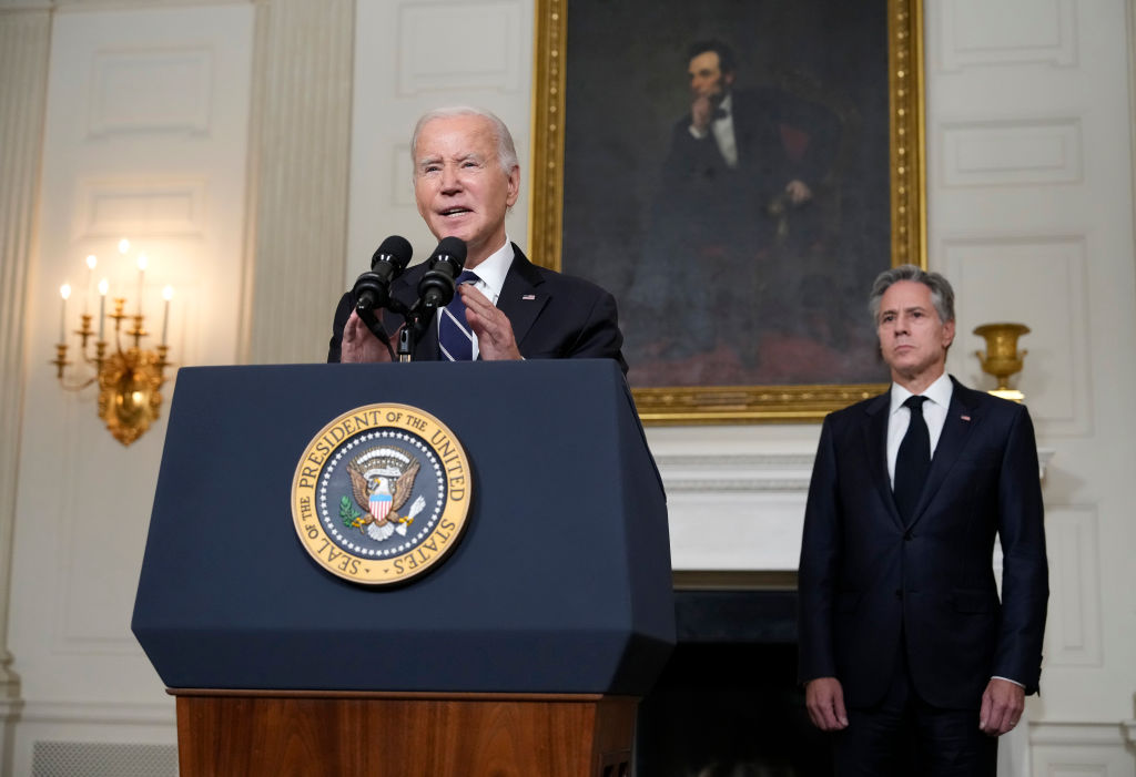 U.S. President Joe Biden, joined by Secretary of State Antony Blinken, delivers remarks on the Hamas terrorist attacks in Israel in the State Dining Room of the White House October 10, 2023 in Washington, D.C. (Photo by Drew Angerer/Getty Images)