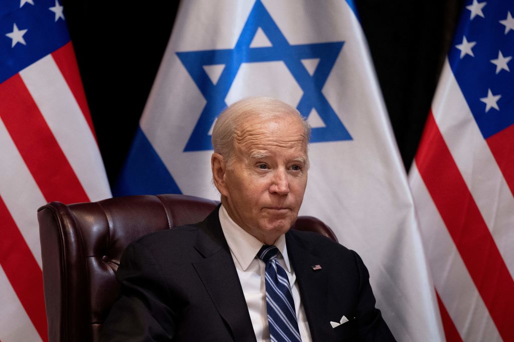 President Joe Biden joins Israel's Prime Minister for the start of the Israeli war cabinet meeting, in Tel Aviv on October 18, 2023, amid the ongoing battles between Israel and the Palestinian group Hamas. (Photo by BRENDAN SMIALOWSKI/AFP via Getty Images)