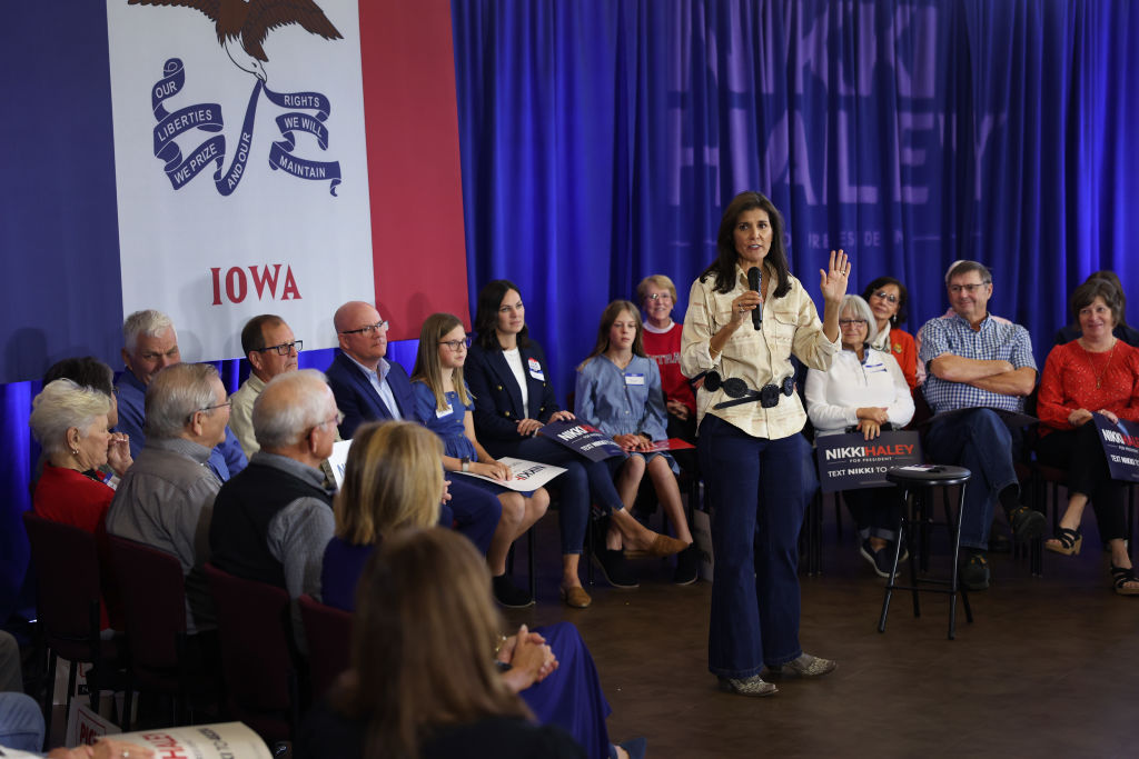 Republican presidential candidate former U.N. Ambassador Nikki Haley speaks to potential voters during a campaign event at Central College on October 21, 2023 in Pella, Iowa. (Photo by Scott Olson/Getty Images)